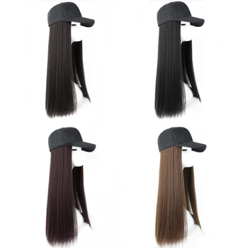 Ilgi Tiesūs Black Hat Beisbolo kepuraitę su Plaukų Pratęsimo Rudos spalvos Perukas Hairpieces Sintetinių Plaukų Gabalai