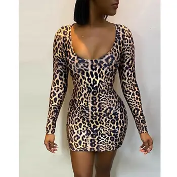 Ilgomis rankovėmis V-kaklo, leopardas spausdinimui seksualus bodycon mini suknelė 2020 m. Pavasarį moterys mados Kalėdų vakarėlį drabužiai