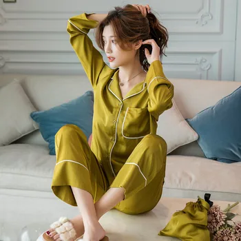 Ilgomis Rankovėmis Šilko Pižama, Pavasarį, Rudenį, Žiemą Moterys Pajama Komplektai Šilko Pijama Mujer Sleepwear Kostiumas Pižamos Prarasti Homewear