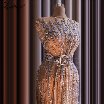 Iliuzija Šampano Vakarinę Suknelę Dubajus Arabų Duobute Šalis, Chalatai 2021 Kaftans Ilgai Prom Dresses Su Sidabro Diržo Vakaro Drabužiai