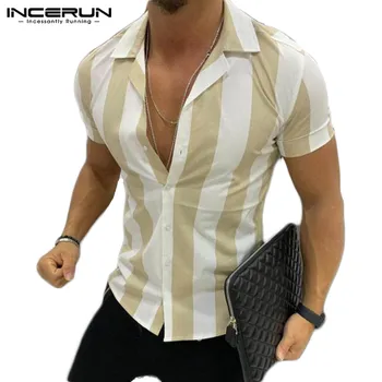 INCERUN 2021 Mados Vyrų Marškinėliai Spalvotų Dryžuotas trumpomis Rankovėmis Slim Mygtuką Viršūnes Naujas Stilius Streetwear Šalies Vyrų Marškiniai Plius Dydis