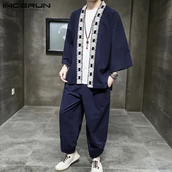 INCERUN Kinų Stiliaus Vyrų Rinkiniai Nėrinių Kratinys ilgomis Rankovėmis Atidaryti Dygsnio Marškiniai Cardigan Elastinga Juosmens Kelnes Derliaus Mens Kostiumai 5XL