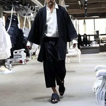 INCERUN Mados Vyrų Tranšėjos Kietas Paltai Atidaryti Dygsnio Ilgio Rankovės 2021 Atsitiktinis Japonų Kimono Streetwear Medvilnės Viršutiniai drabužiai Cardigan
