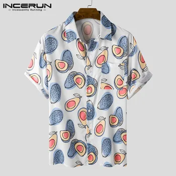 INCERUN Mens Vasaros Havajų Marškinėliai Mados Spausdinti Camisas Prarasti Trumpas Rankovės Atvartas Palaidinė Atsitiktinis Kvėpuojantis Marškiniai Plius Dydis