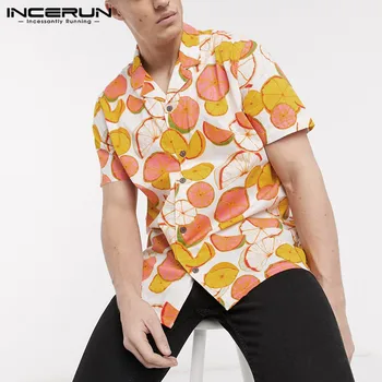 INCERUN Vasaros Vyrų Havajų Marškinėliai Spausdinimas Atvartas Atsitiktinis Streetwear Trumpas Rankovės Atostogų Palaidinė Kvėpuojantis Vyrų Paplūdimio Marškinėliai 2021