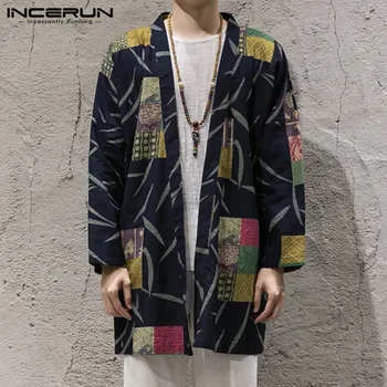 INCERUN Vyrų Atspausdinta Marškinėliai Atvira Dygsnio Ilgio Rankovės Kinų Stiliaus Viršūnes Streetwear 2021 M. Derliaus Medvilnės Atsitiktinis Kimono Mens Marškinėliai
