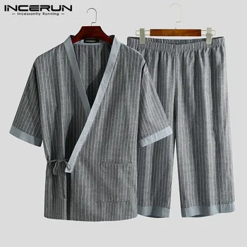 INCERUN Vyrų Dryžuota Pižama Rinkiniai 2021 Pusė Rankovėmis V-Kaklo Sleepwear Kimono Derliaus Homewear Laisvalaikio Šortai Vyrams Pižamos Kostiumas S-5XL