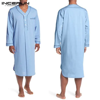 INCERUN Vyrų Miego Rūbeliai 2021 Long Sleeve V-Kaklo Mygtuką Homewear Laisvalaikio Jaukus Chalatas Aukštos Kokybės Mens Pižamą Pižama Suknelė
