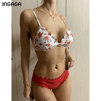 INGAGA Troškinti Bikini, Maudymosi Kostiumėliai Moterims, 2021 Gėlių Spausdinti Maudymosi Kostiumai Raudona Biquini Sexy Diržas Paplūdimio Bikini Komplektas