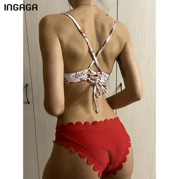 INGAGA Troškinti Bikini, Maudymosi Kostiumėliai Moterims, 2021 Gėlių Spausdinti Maudymosi Kostiumai Raudona Biquini Sexy Diržas Paplūdimio Bikini Komplektas