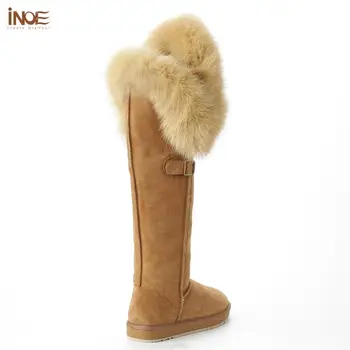 INOE mados karvės verstos odos nekilnojamojo lapės kailiniai batai su sagtimi per kelio ilgos žiemos iškelta sniego batai moterims, žiemos batai