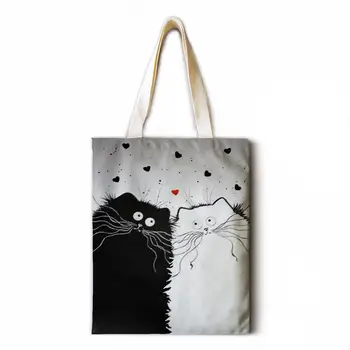 INS juoda ir balta katė spausdinti medvilnės ir lino pečių maišą daugkartinio naudojimo pirkinių krepšys ponios rankinės rankinės su kišenėmis