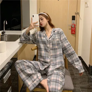 Ins pyjama moterų korėjos derliaus pižama moterų atsitiktinis pledas sleepwear nustatyti ilgomis rankovėmis kelnės namų kostiumas naujas moterų pijamas