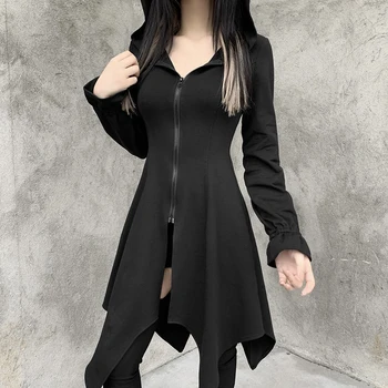 InsGoth Gotikos Vintage Black Hoodies Suknelė Goth Punk Aukšto Juosmens Užtrauktukas Ilgomis Rankovėmis Mini Suknelė Streetwear Grunge Moterų Suknelės