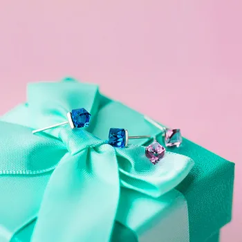 INZATT Geometrinis Aikštėje Mėlyna Rožinė Kristalų Stud Auskarai 925 Sterlingas Sidabro Fine Jewelry ForWomen Šalies Elegantiškas 2018 Priedai