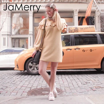 JaMerry Derliaus golfo elegantiškos moterys trumpa suknelė elegantiška Susiėmę žibintų rankovės moterų žiemos suknelė Atsitiktinis rudens suknelės