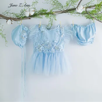 Jane Z Ann Baby girl 6-18 mėnesių Fotografijos Drabužius mėlyna gėlių pearl hat+vystyklų+suknelė 