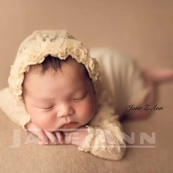 Jane Z Ann Naujagimiui fotografija, drabužių, skrybėlių ir ilgomis rankovėmis nėrinių bodysuit kūdikio fotosesiją komplektus studija priedai