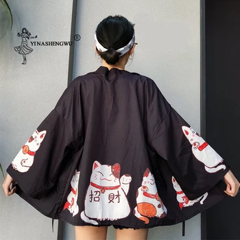 Japonija Katė Spausdinti Kimono Naujas Megztinis Moteriška Laisvi Marškinėliai Topai Atsitiktinis Kimonos Kailis Yukata Moterų Kimonos Harajuku Azijos Drabužių