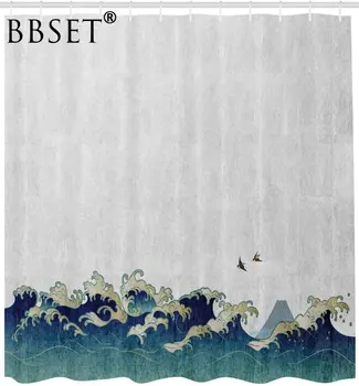 Japonijos Banga Dušo Užuolaidos Swirls Paukščių Vandenyno Ukiyoe Stiliaus Modelis Vandeniui Multi-dydis Douchegordijn Vonios kambarys Dekoro