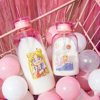 Japonijos Cute Girl Animacinių filmų Butelis Sippy Skaidraus Stiklo Butelį Studentas Didelės Talpos nepralaidžiose Gėrimų Butelių Nr. Rankovės