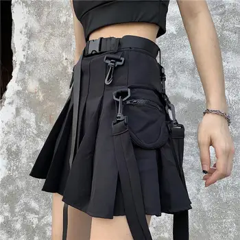 Japonijos Harajuku Moterų Streetwear Mini Klostuotas Sijonas Gothic Punk Stiliaus Sijonas Ulzzang Streetwear Didelis Liemens Sijonai