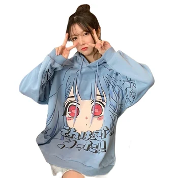Japonijos Kawaii Storio Anime Hoodie Moksleivė Žiemos Y2k Kvadratinis Elementas, Laisvus Marškinėlius Moterims Mielas Plius Dydis Drabužiai