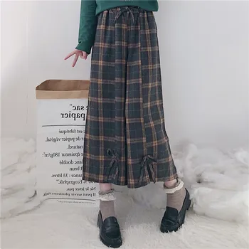 Japonijos Moterys Lolita Stilius Platus Kojų Kelnės Elastingos Juosmens Tvarstis Lankas Derliaus Pledas Kulkšnies Ilgio Kelnės Mielas Kawaii Girl Kelnės