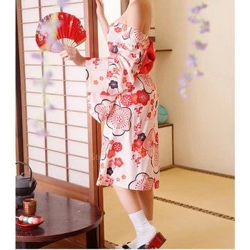 Japonijos Tradicinių Kimono Nustatyti Geiša Moterų, Mergaičių Išgalvotas Spausdinti Seksualus Yukata Obi Outffits Ilgas Chalatas, Kvėpuojantis Homewear Pižama