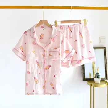 Japonijos vasarą nauju moterų medvilnės krepo gazas pižama nustatyti plonas skirsnio trumparankoviai šortai saldus dviejų dalių namus paslaugų ponios