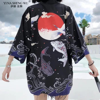 Japonijos Žuvų Spausdinti Kimono Megztinis Harajuku Tradicinis Moterų Cosplay Yukata Moterų Obi Juoda Streetwear Haori Beachsafd Kailis