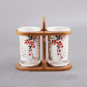 Japoniško stiliaus Tuščiavidurių Keraminių Lazdelės Laikymas Rankomis Dažyti Slyvų Gėlių Modelio, Šakutę, Šaukštą ir Peilio Turėtojas, Meno Cilindrų Stalo