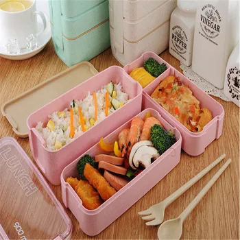 Japonų 3 Sluoksnis Priešpiečių Dėžutė Maisto Konteineris Nešiojamas Bento Box Ekologiškos Kviečių Šiaudų Lunchbox Vaikams Maisto Dėžutė Su Indai