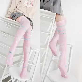 Japonų Anime Stiliaus Modelis Pink cartoon Spausdinti Kojinės Mergaitėms Lolita Aksomo Overknee Triko Cosplay Kojinės 5SW06