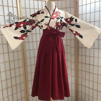 Japonų Kimono Kostiumai Moteris Yukata Haori Long Sleeve Top Sijonas Kawaii Drabužius Mergaitėms Cosplay Kostiumas Japonijos Dėvėti Juodos spalvos Raudona
