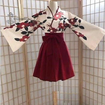Japonų Kimono Kostiumai Moteris Yukata Haori Long Sleeve Top Sijonas Kawaii Drabužius Mergaitėms Cosplay Kostiumas Japonijos Dėvėti Juodos spalvos Raudona