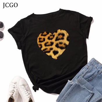 JCGO Moterys T-Shirt Vasaros Medvilnės S-5XL Plius Dydis-trumpomis Rankovėmis, Leopardas Širdies Spausdinti Moteris Atsitiktinis Paprasta Tshirts Ponios Viršūnes Tees
