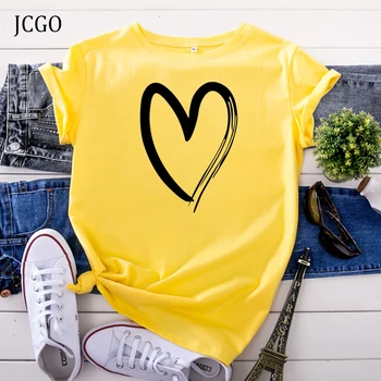 JCGO Vasaros Medvilnės Moterų Širdies Print T Shirt S-5XL Plius Dydis-trumpomis Rankovėmis Tees Viršūnes Atsitiktinis O-Kaklo Moterų Marškinėlius