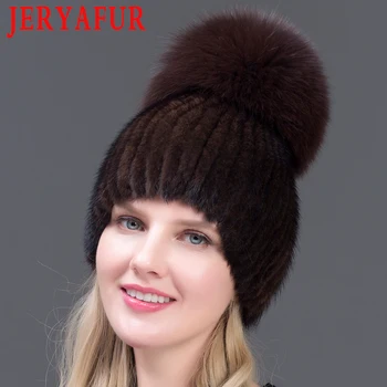 JERYAFUR dviejų šiltas tikras natūralus audinės kailio kepurę moterims mix spalva silver fox fur moterų žiemos skrybėlę dvigubai pompoms prabangių skrybėlių