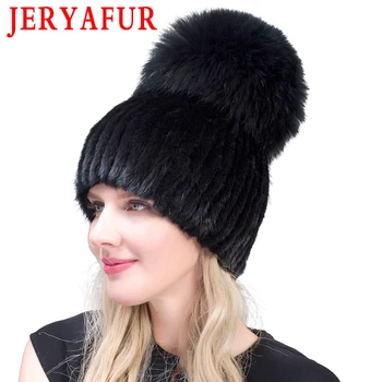 JERYAFUR dviejų šiltas tikras natūralus audinės kailio kepurę moterims mix spalva silver fox fur moterų žiemos skrybėlę dvigubai pompoms prabangių skrybėlių