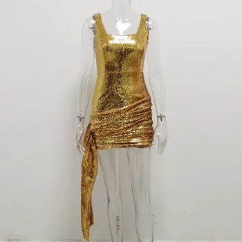 JillPeri Rankovių Kvadratinių Kaklo Bling Aukso China Mini Suknelė su Drop Seksualus Aukšto Juosmens Ruched Trumpą Aprangą Įžymybė Šalis Suknelė