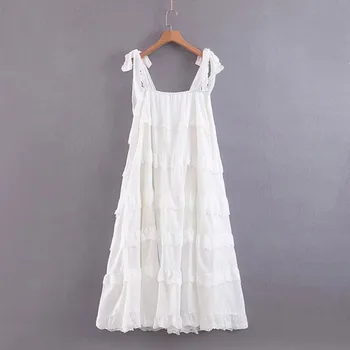 Jocoo Jolee Moterų Elegantiškas Dirželis Backless Prarasti Ilga Suknelė Atsitiktinis Saldus Raukiniai, Nėriniai Midi Suknelė Vintage White Vestidos Mujer
