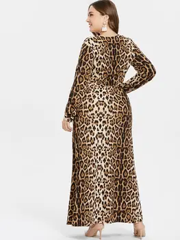 Joineles Plius Dydis Moterų Suknelė Leopardas Spausdinti V-Kaklo, Ilgomis Rankovėmis Priekiniai Padalinta Maxi Suknelė 