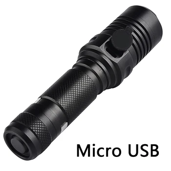 Jungiklis ON / OFF Micro USB įkraunamas LED žibintuvėlis žibintuvėlis CREE XM-L2 U3 Zoomable 18650 baterija medžioklės šviesos
