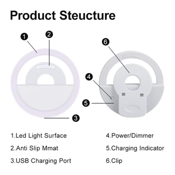 Juoda/balta/rožinė/bule Telefono Selfie Žiedas Šviesos diodų (Led) USB Kištukas, 3 Režimas Lampara Su Clip Nešiojamų Fotografavimo Užpildykite Šviesa 