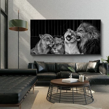 Juoda Ir Balta Afrikos Liūtas Šeimos Cirko Gyvūnų Plakatai Ir Spausdina Ant Drobės Meno Tapybos Freskos Kambarį Apdaila Paintin