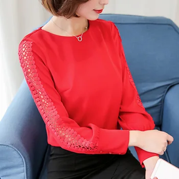 Juoda Raudona Balta Šifono Palaidinė Moterims Rudenį Ilgomis Rankovėmis Ponios Office Marškinėliai Korėjos Mados Nėriniai Tuščiaviduriai Iš Moterų Top Blusas