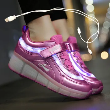 Juoda Rausva Balta USB Įkrovimo Mados Mergaitės Berniukai LED Šviesos Ritinio Skate Avalynė Vaikams, Vaikiški Sportbačiai Su ratukais, Vienas ratų
