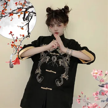 Juodos spalvos Gotikos Tango Tiktų Marškinėliai Suknelė Mergaitėms Moterų Kinijos Tradicinės Palaidinė Vieną Krūtinėmis Dragon Siuvinėjimo Striukė Kailis