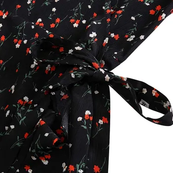 Juodos spalvos gėlių spausdinti suknelė moterims trumpomis rankovėmis V-kaklo kaklaraištis juosmens kelio ilgis suknelės vestidos M30580